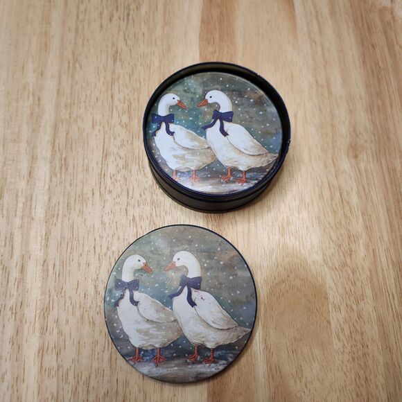 Winter Snow Geese Coaster Set | 6 Pieces | Blue Bows | Holiday Decor - Picture 8 of 8
